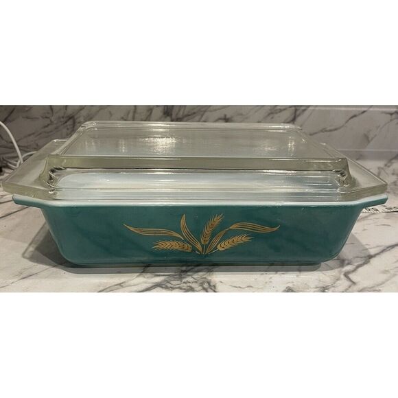 Vintage Promotional Pyrex 2 Qt  Emerald Wheat Casserole Dish 575-B With Lid - Picture 1 of 7